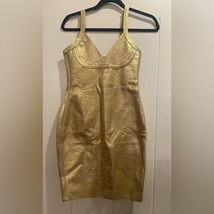 Bella Barnett Maryam Bodycon Mini Dress Womens Small Metallic Gold Cocktail Sexy